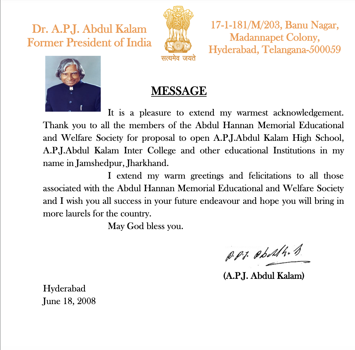 Letter from Dr. A.P.J. Abdul Kalam